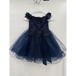Joy Kids Size 4 Tulle Ball Gown Girl Navy Blue Floral Sequin Formal Dress